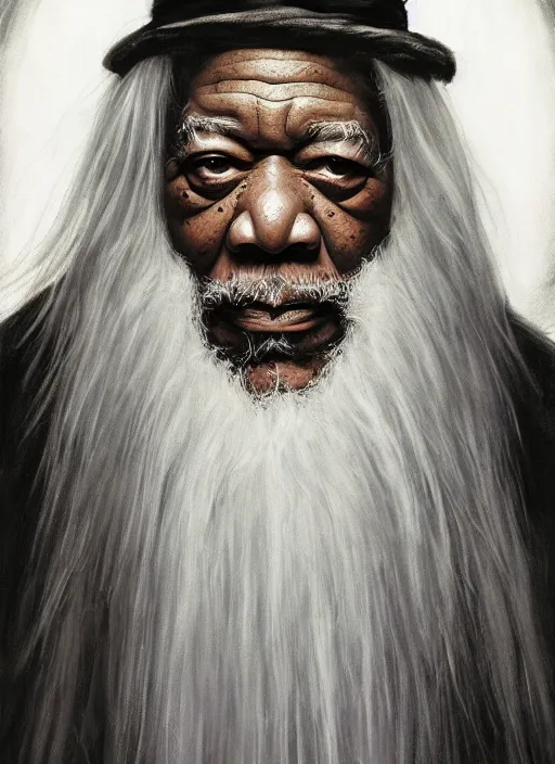 Image similar to evil morgan freeman as evil wizard saurman the white, long white hair and white beard, long white flowing robes, long black wizard staff by alan lee, lord of the rings, smooth, oil painting, matte painting, concept art, trending on artstation, promotional artwork, film still, elegant, photorealistic facial features, intricate, detailed face, cinematic lighting