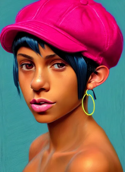 Image similar to portrait of teenage vanessa morgan with bright pink hair, black girl, curly pixie cut hair, wearing newsboy cap, pink short haircut, newsboy cap, hoop earrings, blue eyes, intricate, elegant, glowing lights, highly detailed, digital painting, artstation, concept art, smooth, sharp focus, illustration, art by wlop, mars ravelo and greg rutkowski