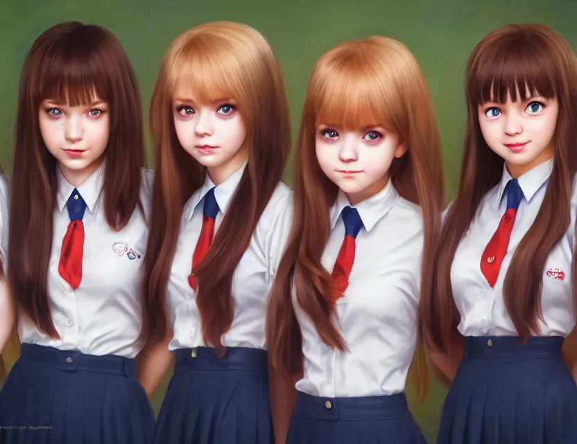 Prompt: three beautiful teen schoolgirls wear uniforms in class | | big eyes, sunny, dreamlike art, realistic shaded, smile, good looking, hyper details, 4 k realistic, cryengine, realistic shaded lighting poster by artgerm, ross tran, fuji choko, loish, 8 k resolution, trending on artstation, luxury