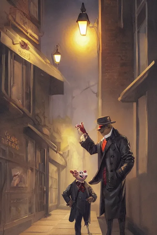 Prompt: Chuck E. Cheez wearing a trench coat, standing in an alley way, lit by streetlight, dealing illegal cheese, artstation, by J. C. Leyendecker and Peter Paul Rubens,