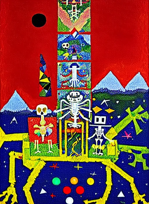 Image similar to pixel decollage painting tarot lovers card composition tower of babel road red armor maggot bear and wonky alien frog skeleton knight on a horse in a dark red cloudy night sky with golden foil jewish stars and diamonds, mountain lake and blossoming field in background, painted by Mark Rothko, Helen Frankenthaler, Danny Fox and Hilma af Klint, pixelated, neo expressionism, semi naive, pastel colors, cinematic, color field painting, cave painting, voxel, pop art look, outsider art, minimalistic. Bill Traylor painting, part by Philip Guston, Amano and Francis Bacon. art by Adrian Ghenie and Storm Thorgerson, very coherent symmetrical artwork, cinematic, hyper realism, high detail, octane render, unreal engine, Smooth gradients, depth of field, full body character drawing, extremely detailed, 8k, extreme detail, intricate detail, masterpiece