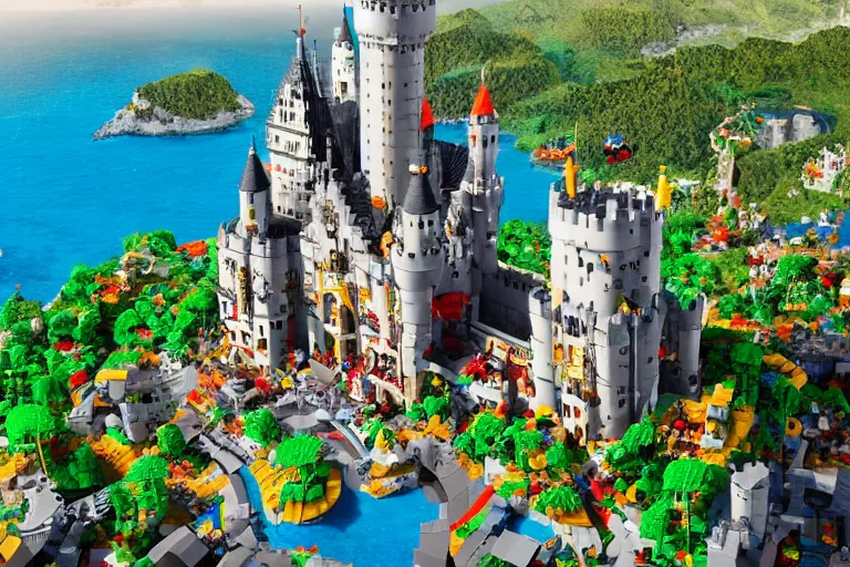 Prompt: a giant from Gulliver's Travels made out of Lego looking down on a Castle city made out of Lego, sunny day, tropical beach, octane render,