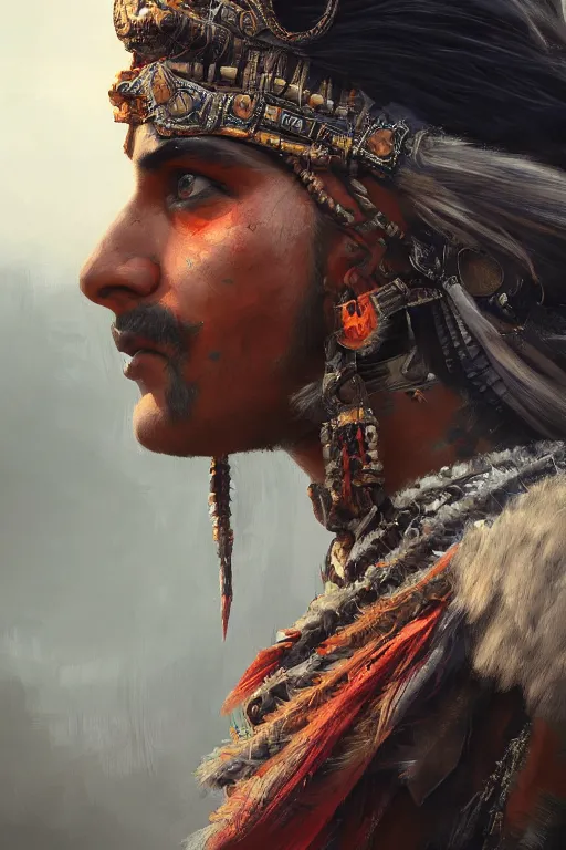 Image similar to indian warrior, close - up portrait, fierce, intricate, elegant, volumetric lighting, scenery, digital painting, highly detailed, artstation, sharp focus, illustration, concept art, ruan jia, steve mccurry