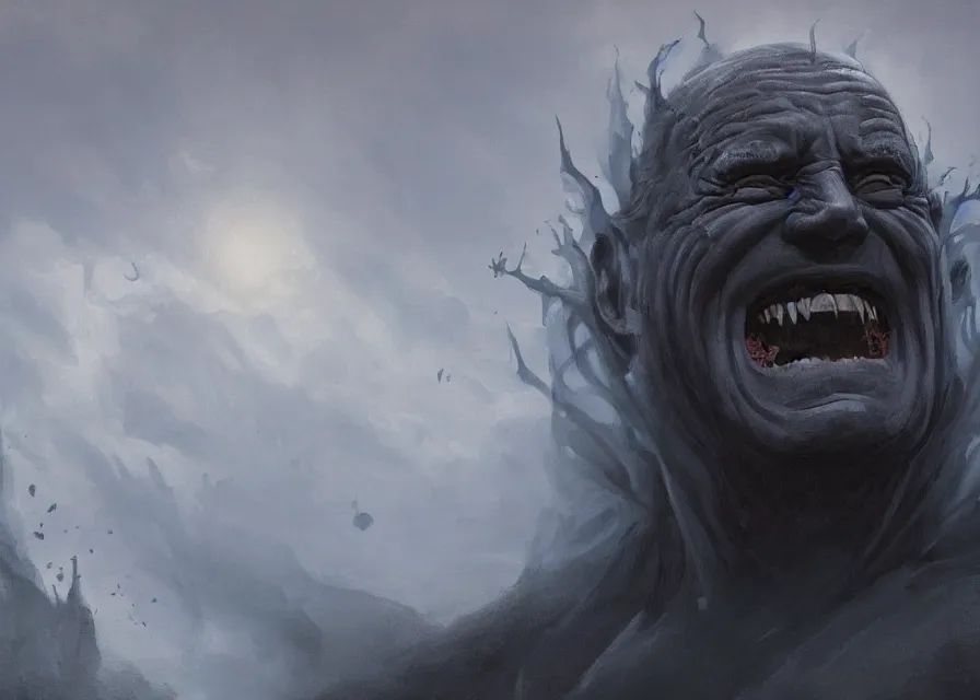 Image similar to abstract painting of giant Joe Biden smiling evil emperor of the world emerging in dark clouds, Sidious, noxious, cosmic horror, evil, dangerous, trending on ArtStation, masterpiece, by Greg Rutkowski, by Ross Tran, by Fenghua Zhong, octane, lightbeam eyes, soft render, clear facial features, oil on canvas, moody lighting, cinematic, professional environment concept art