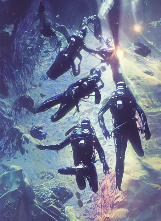 Image similar to astronauts divers in dark void underwater - complex and hyperdetailed technical suit design. reflection and dispersion materials. rays and dispersion of light. volumetric light. f / 3 2. noise film photo. flash photography. ultra realistic, 5 0 mm. poster by wayne barlowe, hajime sorayama aaron horkey, craig mullins