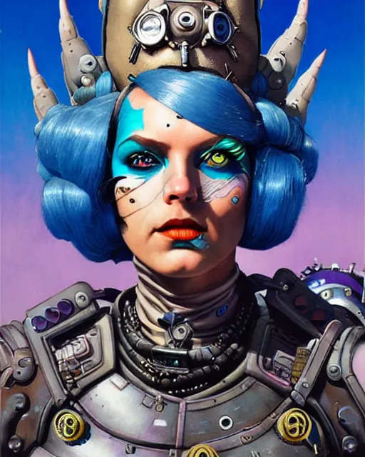 Prompt: junker queen from overwatch, mohawk, braids, blue hair, face paint around eyes, character portrait, portrait, close up, concept art, intricate details, highly detailed, vintage sci - fi poster, retro future, in the style of chris foss, rodger dean, moebius, michael whelan, and gustave dore