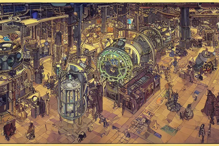 Prompt: top view on steampunk lab with big vapor tubes and alchemy equipment, kid and mad scientist working, giant video screens, sci - fi vending machine, clock, retrofuturism, concept art by mucha and moebius and victo ngai, clean line, diesel punk