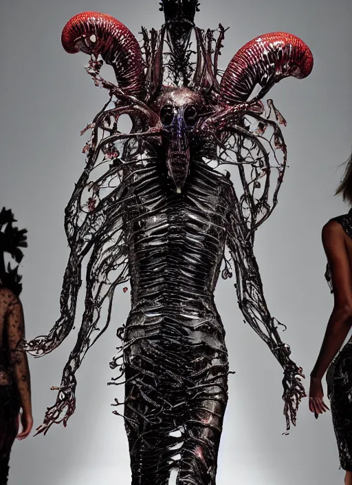 Image similar to walking down the catwalk, ben watts, show, stage, vogue photo, podium, fashion show photo, historical baroque dress dark, iris van herpen, beautiful woman, masterpiece, intricate, biopunk, vogue, full body shot, alien, plant predator, guyver, jellyfish, white biomechanical details, highly detailed