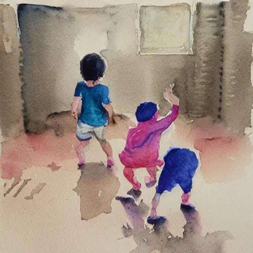 Image similar to kids playing the game the floor is lava, watercolour