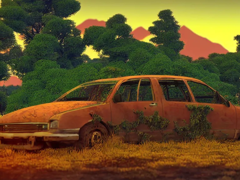 Image similar to low angle shot of tree growing inside scrap car in the foreground. overgrown. soft golden red sunset over the mountains in the background. clouds. detailed leaves, the style of 1 9 9 0's cg graphics against the cloudy night sky, lsd dream emulator psx, 3 d rendered y 2 k aesthetic by ichiro tanida, 3 do magazine, wide shot