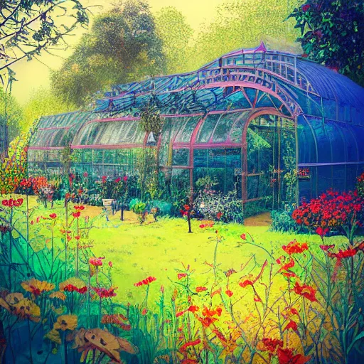 Image similar to painting of a botanical garden greenhouse serene morning light colorful flowers, vivid colors, Alena Aenami, Rebecca Guay, science fiction vintage art