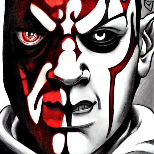 Prompt: Darth Maul portrait in the style of Junji Ito. Manga. Black & White. Gothic. Horror. Exquisitely detailed. 4K.