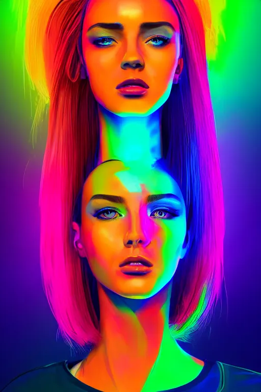 Image similar to a award winning half body portrait of a beautiful woman with stunning eyes in a croptop and cargo pants with rainbow colored ombre hairstyle head in motion and hair flying by thomas danthony, outlined by whirling illuminated neon lines, outrun, vaporware, shaded flat illustration, digital art, trending on artstation, highly detailed, fine detail, intricate