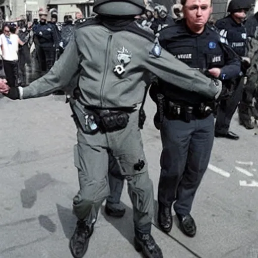 Image similar to extraterrestrial zeta reticulan grey alien, being arrested by spetsnaz