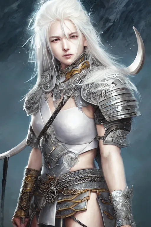 Image similar to A realistic anime portrait of a beautiful white haired female barbarian wearing an intricate viking armor, digital painting, by Stanley Artgerm Lau, Sakimichan, WLOP and Rossdraws, digital painting, painterly, Pixiv, Deviantart, golden ratio, rule of thirds, good composition, HD, 8k, award winning, promo art, splash art, rpg, jrpg, dungeons and dragons, DND, trending on ArtStation