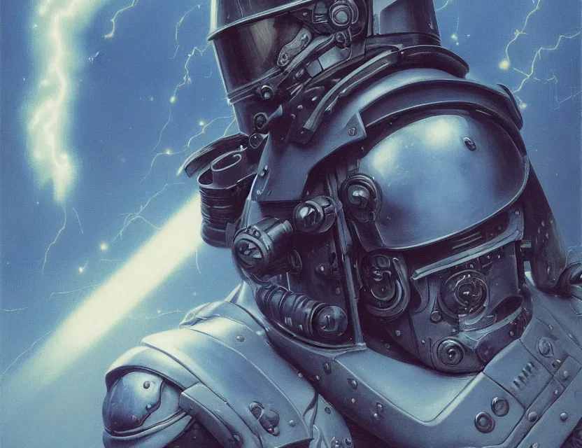 Image similar to a detailed portrait painting of a lone bounty hunter wearing combat armour and a reflective visor. Head and chest only. Movie scene, cinematic sci-fi scene. Flight suit, cloth and metal, accurate anatomy. portrait symmetrical and science fiction theme with lightning, aurora lighting. clouds and stars. Futurism by beksinski carl spitzweg moebius and tuomas korpi. baroque elements. baroque element. intricate artwork by caravaggio. Oil painting. Trending on artstation. 8k