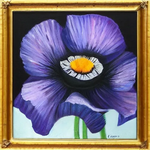 Image similar to black blue and purple papaver flower, oil painting