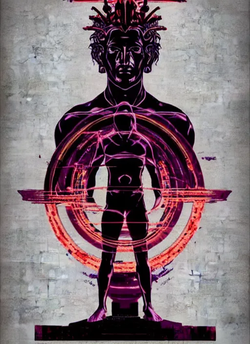 Image similar to dark design poster showing a statue of poseidon, black background with very subtle red and purple design elements, powerful, nekro, vito acconci, thin straight lines, dark, glitch art, neo vaporwave, gritty, layout frame, square, trending on artstation