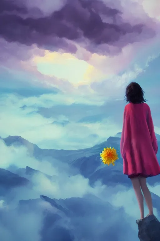 Image similar to closeup perspective, giant dahlia flower over the head, girl standing on mountain, surreal photography, blue storm clouds, dramatic light, impressionist painting, digital painting, artstation, simon stalenhag