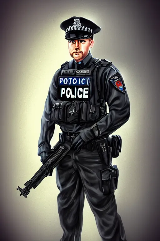 Image similar to london police officer heroically posing, highly detailed, digital art, sharp focus, trending on art station