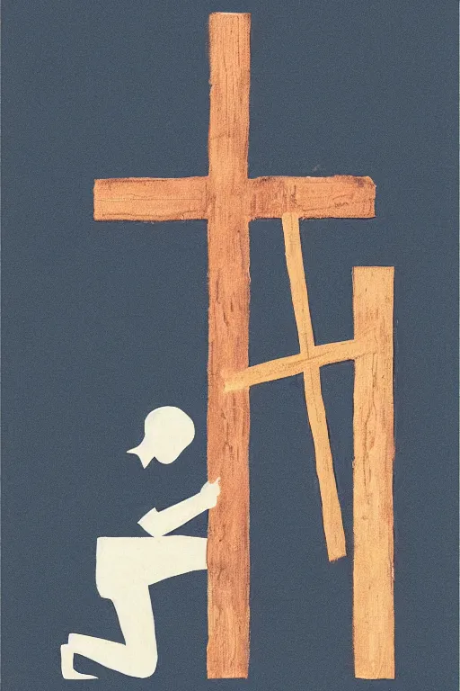 Image similar to man kneeling at the base of a wooden cross, 1960’s minimalist advertising illustration, painterly