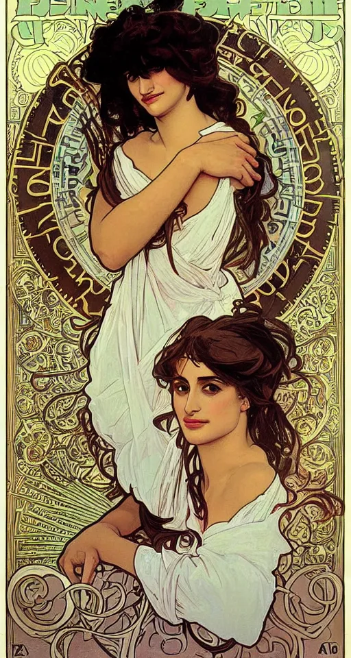 Image similar to portrait of penelope cruz, artwork by alphonse mucha