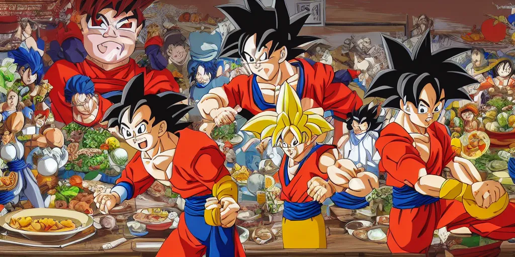 Prompt: A feast for Goku, very detailed, anime, Delicious, Plump, Juicy, Hot Food, large white border, hd, 8k, Unreal Engine 5, high resolution print :1 by Hayao Miyazaki, Nausicaa, studio Ghibli style, Anime wallpaper, cell shading, trending on deviant art :1