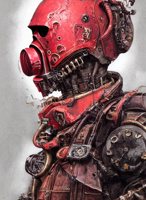 Image similar to portrait of rotten Nicolas Cage with respirator as adeptus mechanicus in red hood and robe from Warhammer 40000. Highly detailed, artstation, illustration by and John Blanche and zdislav beksinski and wayne barlowe