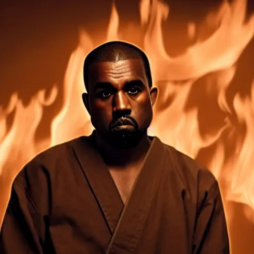 Image similar to cinematic film still of Kanye West starring as a Japanese Sensei with fire, Japanese CGI, VFX, 2003, 40mm lens, shallow depth of field, film photography