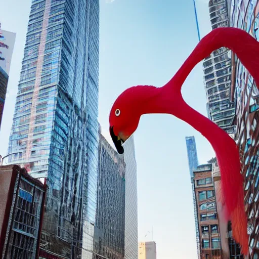 Prompt: photo of a giant real flamingo towering above a city
