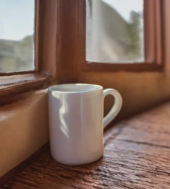 Image similar to a 4 k photorealistic photo close up of a mug on a sunny windowsill.