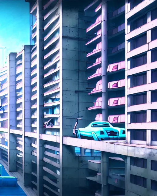 Image similar to a beautiful photorealistic illustration of unfinished building parking garage building architecture city by banksy, tron neptune vice city lake at spring anime, archdaily, wallpaper, highly detailed, trending on artstation.