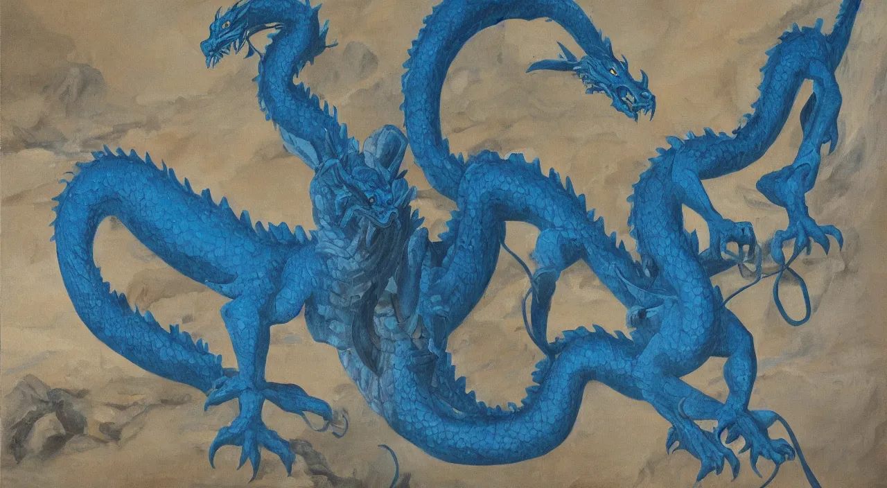 Prompt: Oil painting of an azure-coloured dragon in the castle