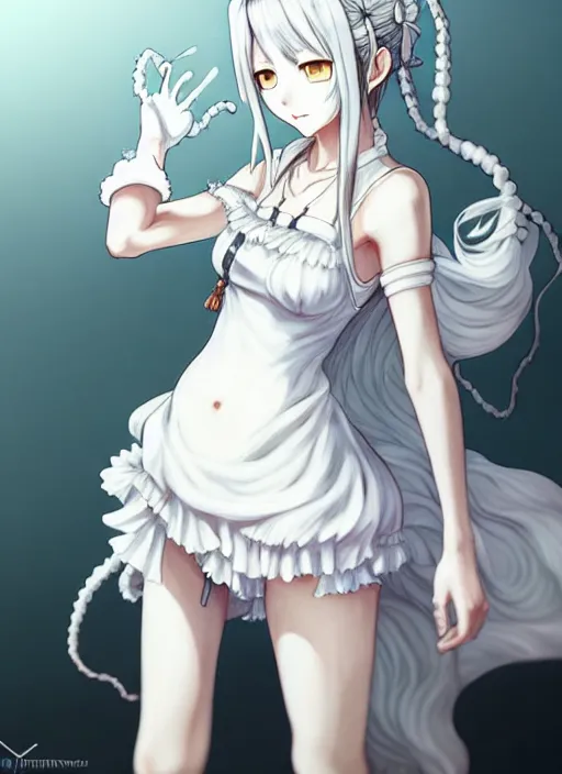 Image similar to a portrait of nekomimi wearing white dress an ultrafine detailed painting, detailed painting, detailed eyes!!, final fantasy octopath traveler lovecraft no hands ghibly