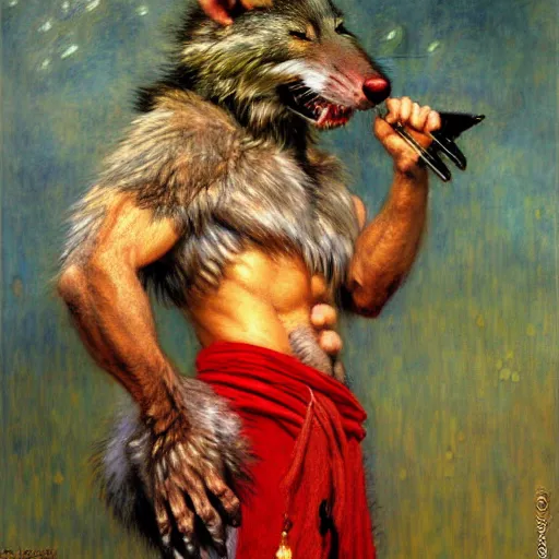 Image similar to a male ratwolfman rat wolf man in a red kimono furry arms furry body. furaffinity furry art detailed face painting by gaston bussiere craig mullins jc leyendecker gustav klimt artgerm greg rutkowski furry