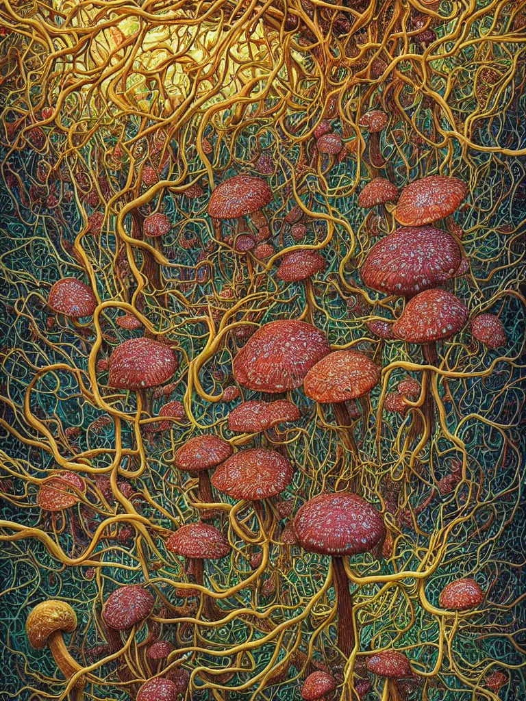 Prompt: A hyperrealistic mixed media relief of a mushroom in a network of hyphae, nerves, slime mold, and rhizomorphic fungus. Shaped like roots and neurons. Lush, colorful, surreal. By Dan Mumford and Ian McQue and Karol Bak.