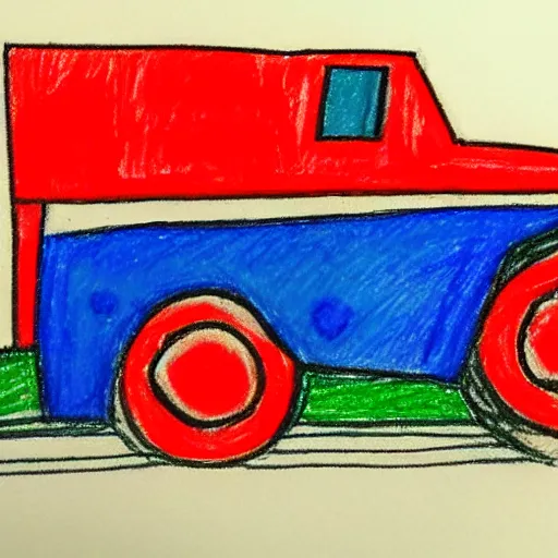 Prompt: a poorly drawn red truck with blue wheels, drawn using crayons, red and blue crayon, drawn on white paper