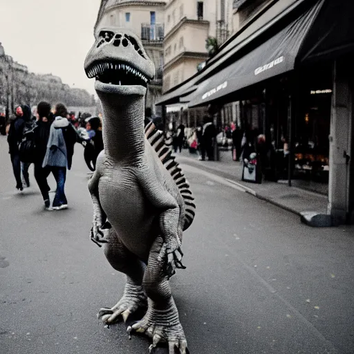 Prompt: french dinosaur walking in the streets of paris, 3 5 mm