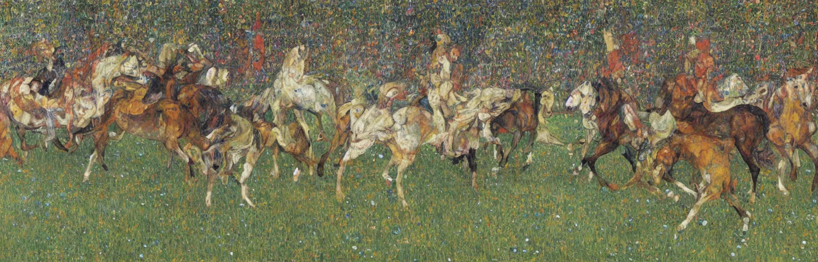 Image similar to lots of horses running through the field, hyper realistic, more details, they might be crawling, original oil on canvas painting by gustav klimt