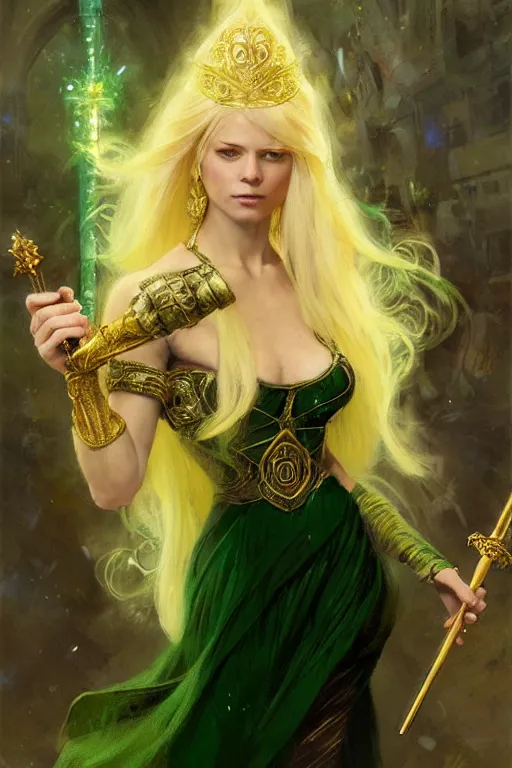 Prompt: blonde female wizard in a green victorian style dress, wearing reading glasses, holding a magical sceptre and wearing a gold ring, portrait dnd, painting by gaston bussiere, craig mullins, greg rutkowski, yoji shinkawa