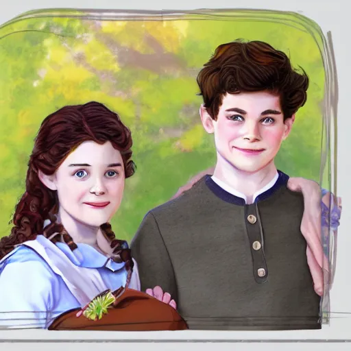 Image similar to Gilbert Blythe from anne with an e as college students, digital art