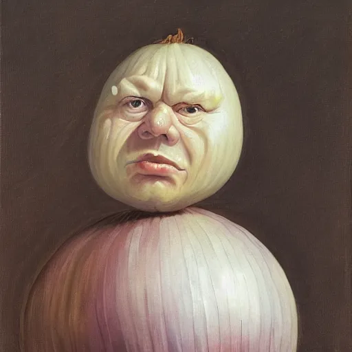 Prompt: onion man portrait, baroque painting, smug fat onion head