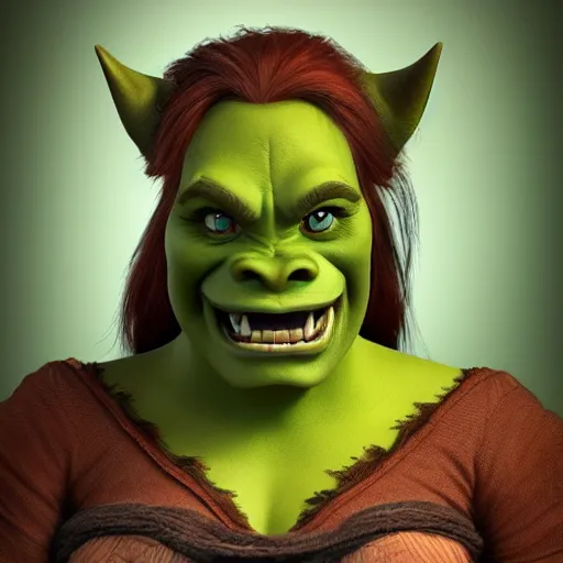 Prompt: portrait, pixar disney, waist-up angle, photo of a beautiful orcish lady, stern expression and proud posture, fantasy orc woman, sharp teeth, big eyes, cute smile, 8K studio photography, focus clarity