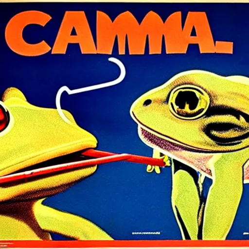 Image similar to A 1960s poster for Camel cigarettes with Camel Joe as a frog smoking a cigarette