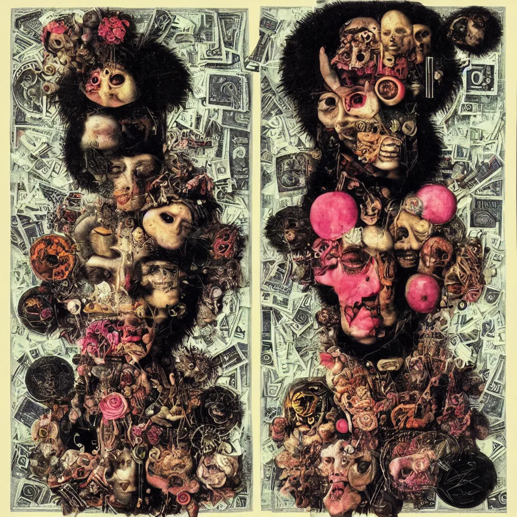 Image similar to post - punk new age album cover, asymmetrical design, dollar bank notes, capitalism, magic, apocalypse, psychedelic, black white pink, magic, giger h. r., giuseppe arcimboldo