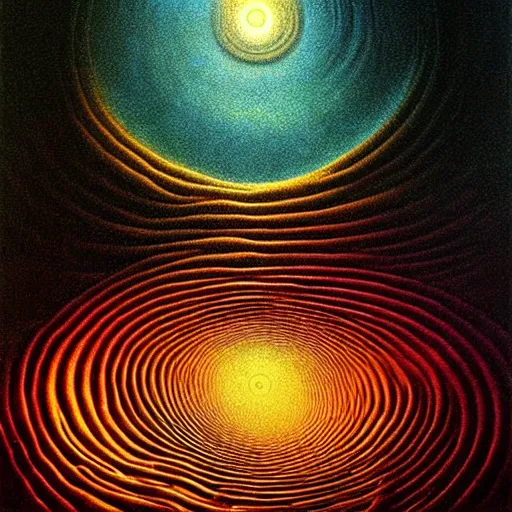 Image similar to An endless spiral, forming an optical illusion of crushing worlds - award-winning digital artwork by Salvador Dali, Beksiński, Van Gogh and Monet. Stunning lighting