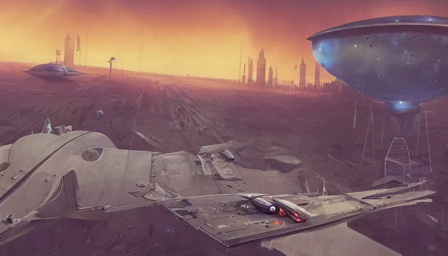 Image similar to a beautiful matte painting of a flying science fiction space ship over the old soviet city simon stalenhag and alan bean, trending on artstation, realistic rendering
