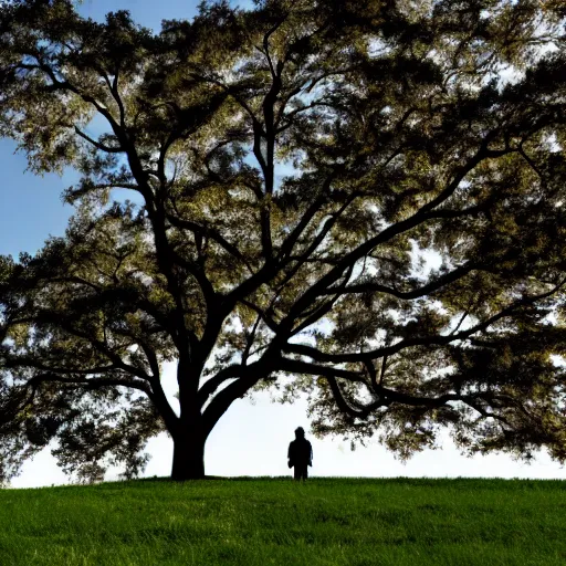 Prompt: in the distance on a brown grassy hill stands a leafy green oak tree with branches pruned and shaped to resemble the silhouette of a human head in profile