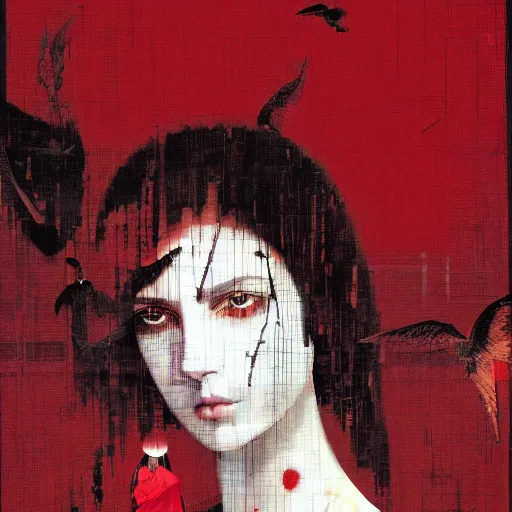 Image similar to portrait of a daydreaming melancholic latin woman in red monk habit being progressively rasterized into pixels from another world, she is surrounded by digital birds, oil on canvas by yoji shinkawa, esao andrews, dave mckean and stina persson