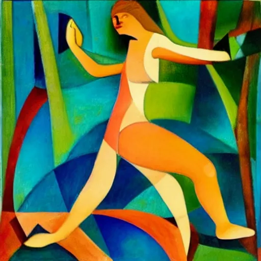 Prompt: woman dances like isadora duncan in the forest by the moonlight, abstract art in the style of cubism and georgia o’keefe ,